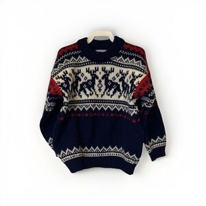 Vtg Voss Kids Sweater Navy Sz 4 Nordic Fair Isle Wool Norway Reindeer Ski
